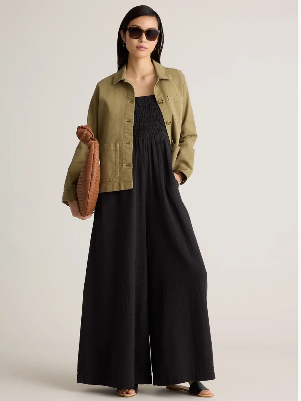 Quince Cotton Black Smocked Wide-Leg Jumpsuit - Picture 4 of 6